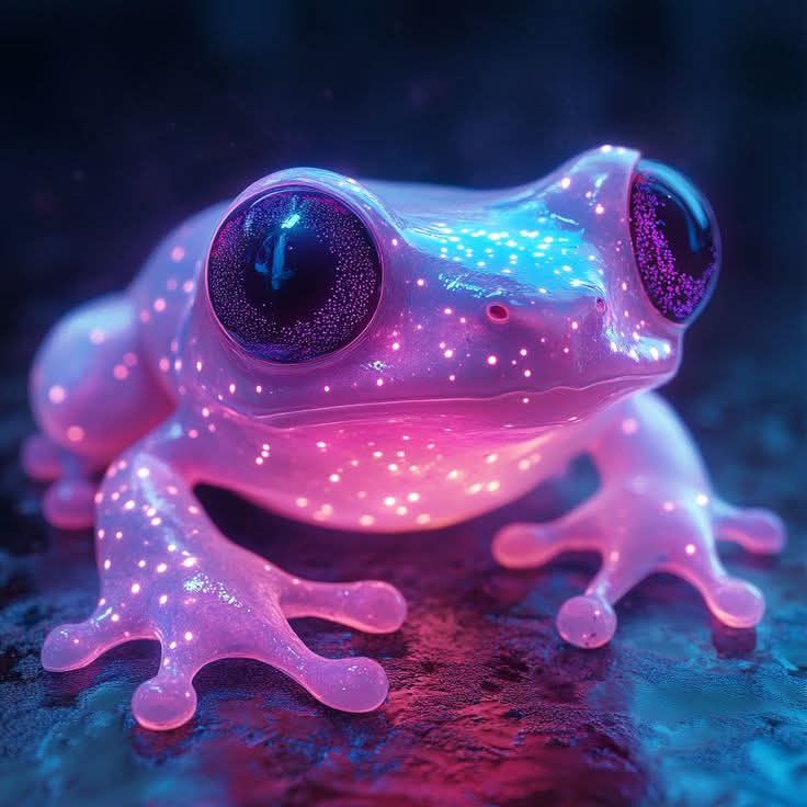 Close-up illustration of a glowing pink and purple frog with sparkling spots on a dark surface.