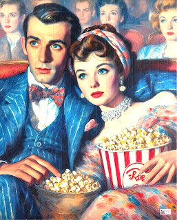 Vintage illustration of couple sharing popcorn at movie theater in 1950s style