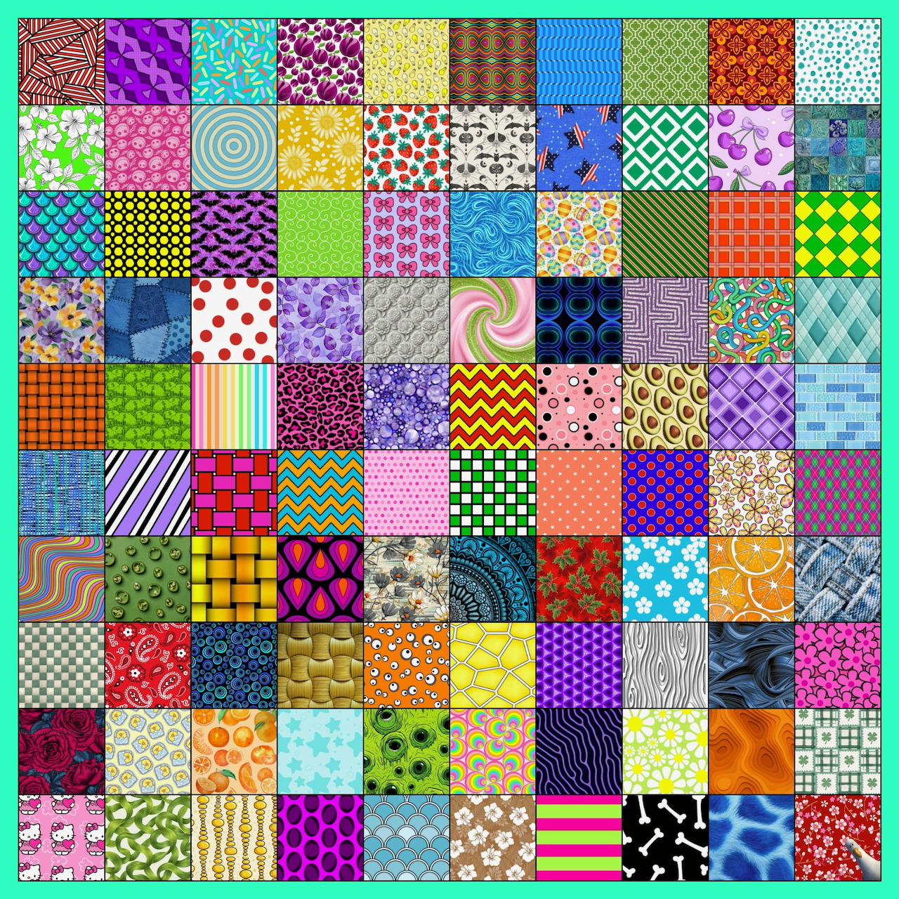 Grid of colorful patchwork squares filled with varied geometric, floral, striped, and dotted patterns.