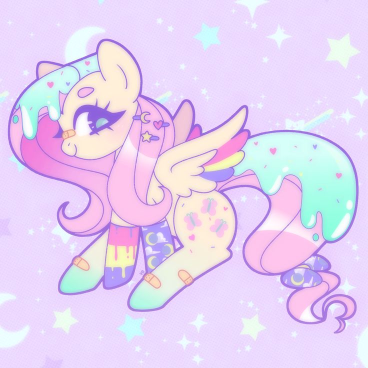 Pastel cartoon pony Fluttershy with wings and colorful mane on a purple starry background