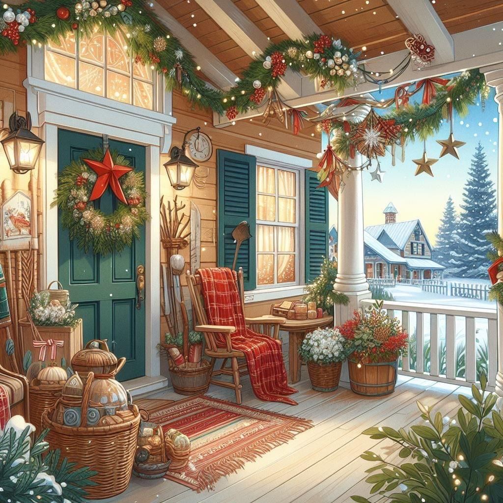 Decorated Christmas porch with wreaths, garland, rocking chair, and snowy winter village view