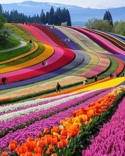 Rainbow-striped tulip fields with curved rows of colorful flowers on hillside under blue sky
