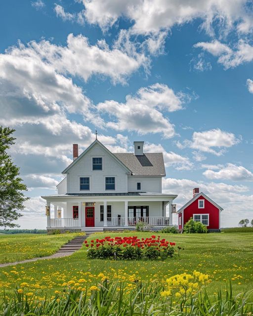 White farmhouse with red barn, colorful flower beds, and blue cloudy sky