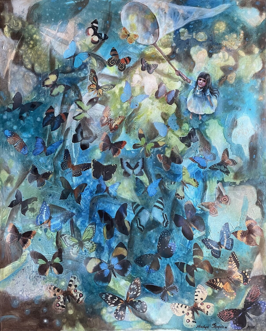 Painting of a young girl holding a balloon with butterflies around her