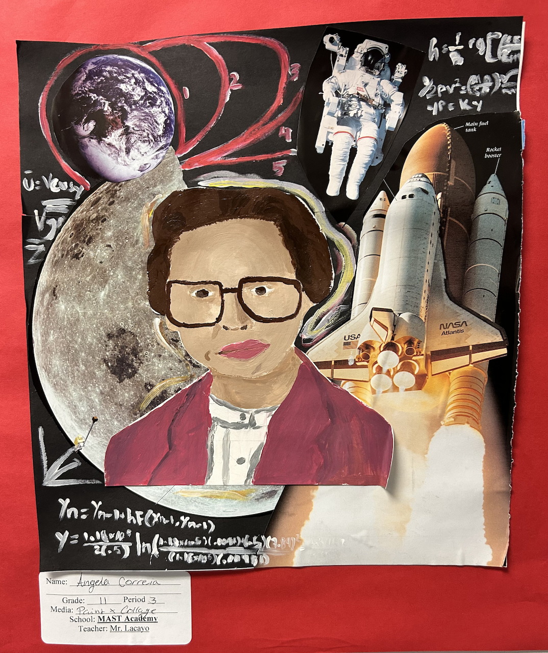 Mixed media art of a woman with glasses surrounded by space shuttle, moon, Earth, and astronaut imagery