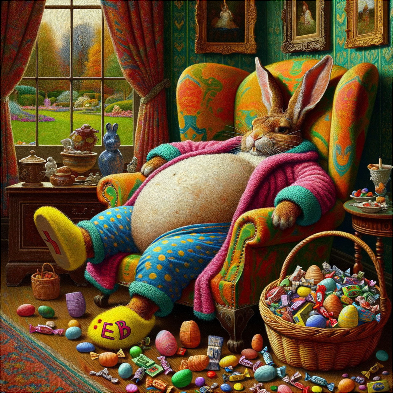 Cartoon bunny lounging in colorful armchair with Easter eggs and basket in cozy room