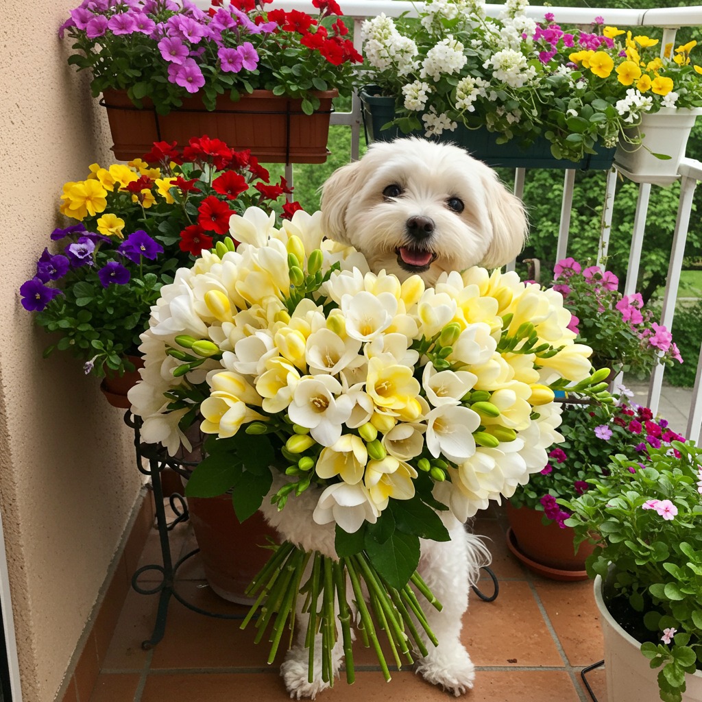 White Dog with Flowers