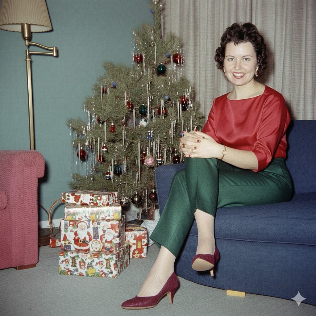 Woman seated on blue couch next to decorated Christmas tree with presents in vintage interior