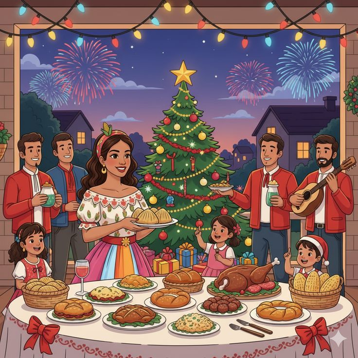 Family celebrating Christmas dinner with decorated tree and fireworks in background