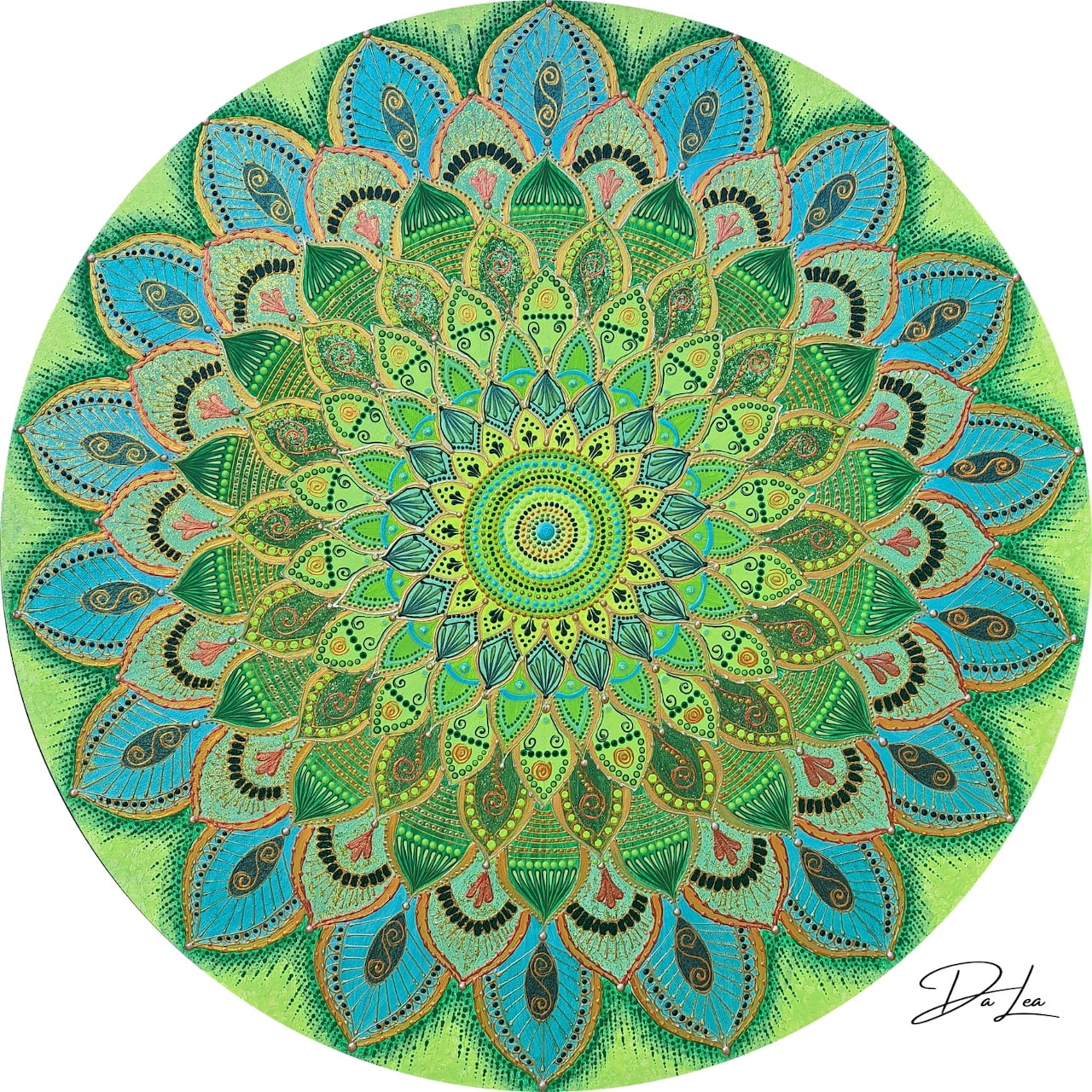 Circular mandala with green and turquoise geometric patterns radiating from center