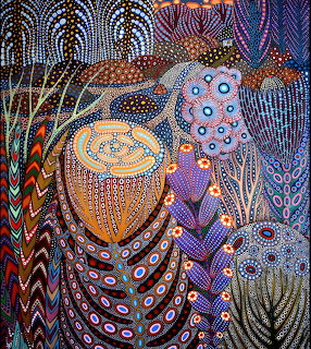 Colorful dot painting of abstract flowers and vases in blue, orange, and purple tones