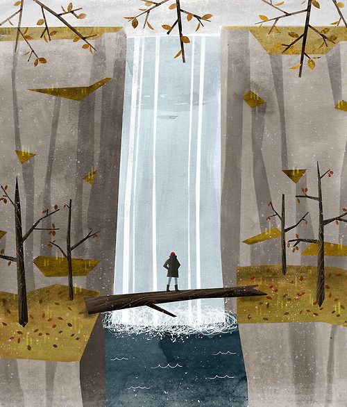 Illustration of person on bridge viewing tall waterfall in foggy forest with yellow autumn trees