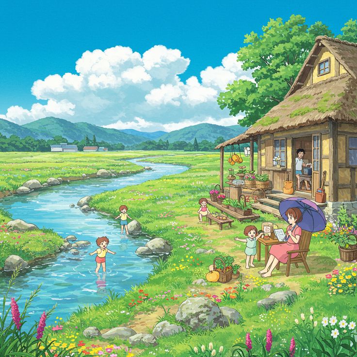 Illustration of a thatched cottage beside a stream with children playing in a sunny green countryside