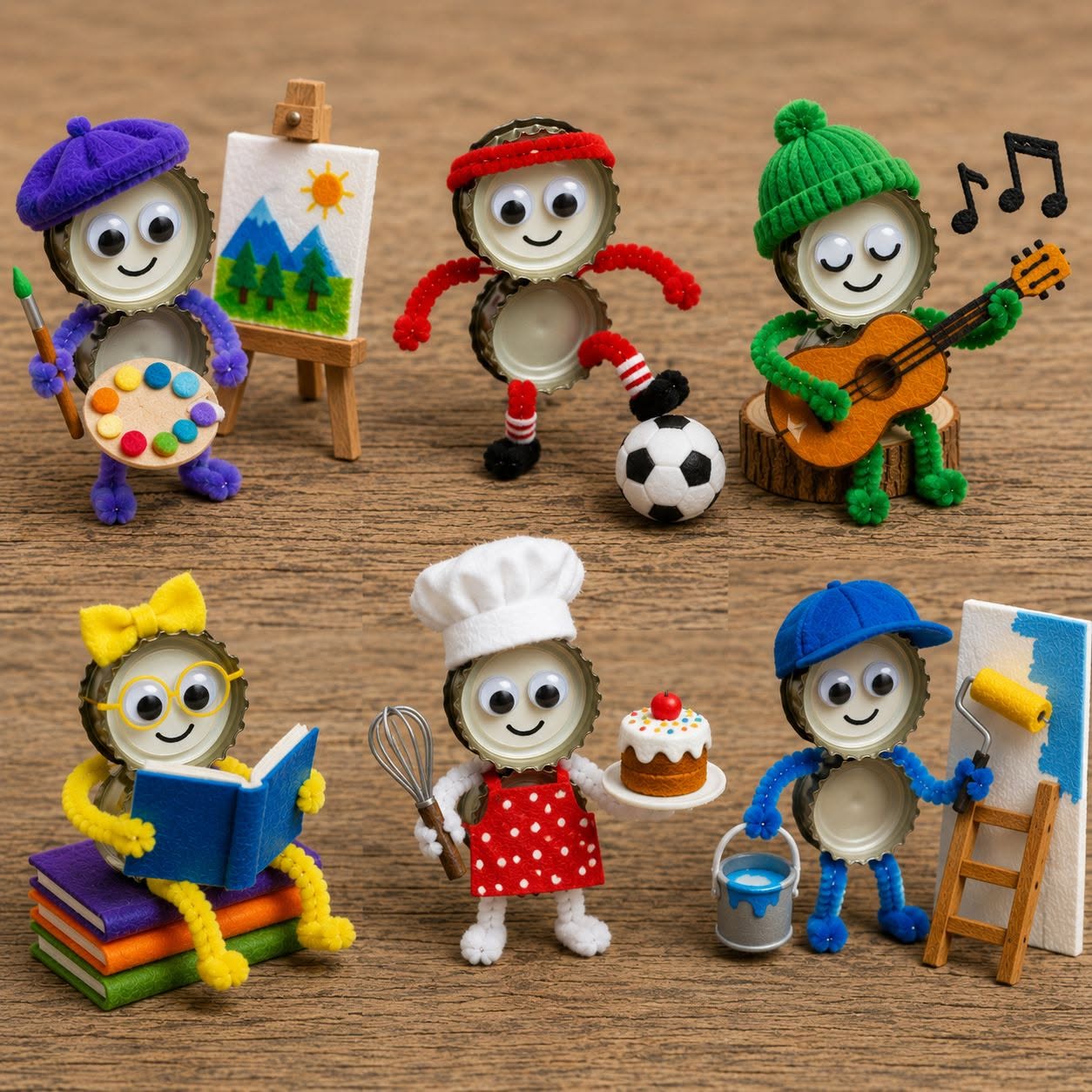 Six colorful handmade figurines with art, music, reading, baking, and soccer props