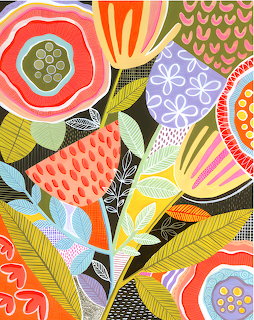 Abstract floral painting with colorful geometric flowers and leaves in coral, yellow, green, and blue tones