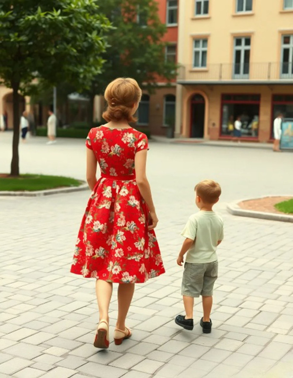 Woman in red floral dress walking with a young boy on a city square, viewed from behind