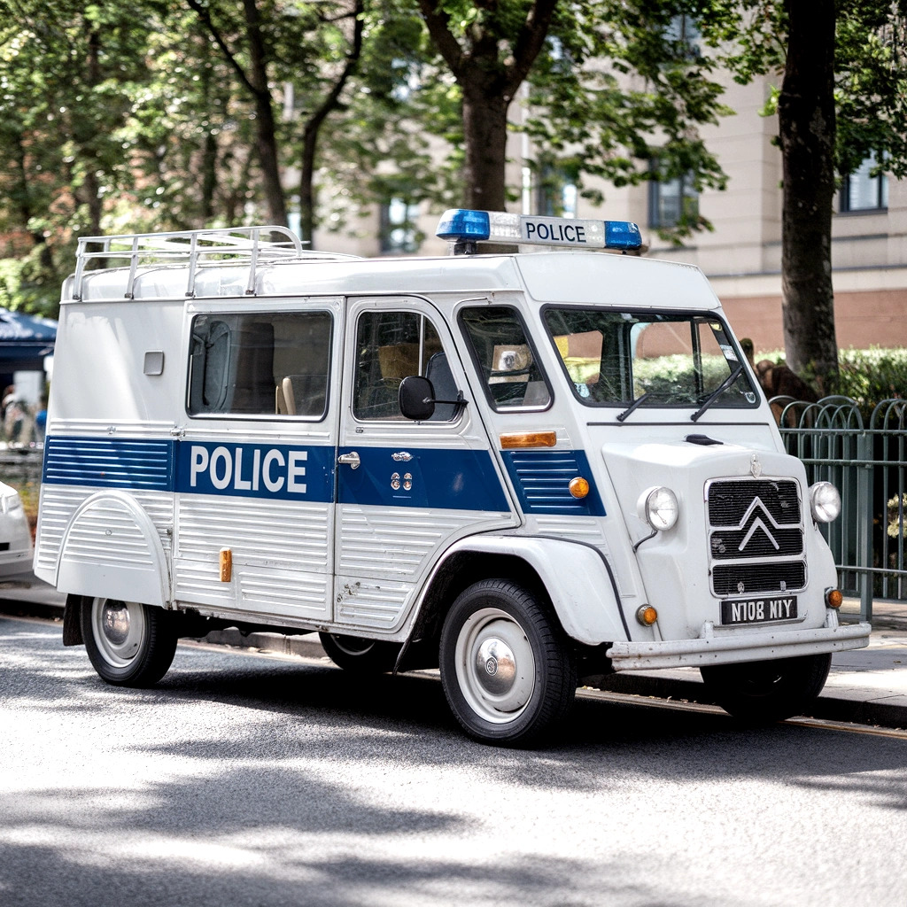 Vintage white Citroën H-Type police van with blue stripes parked on urban street
