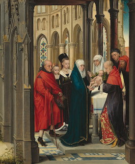 Renaissance painting of the Presentation in the Temple with robed figures in a Gothic church interior