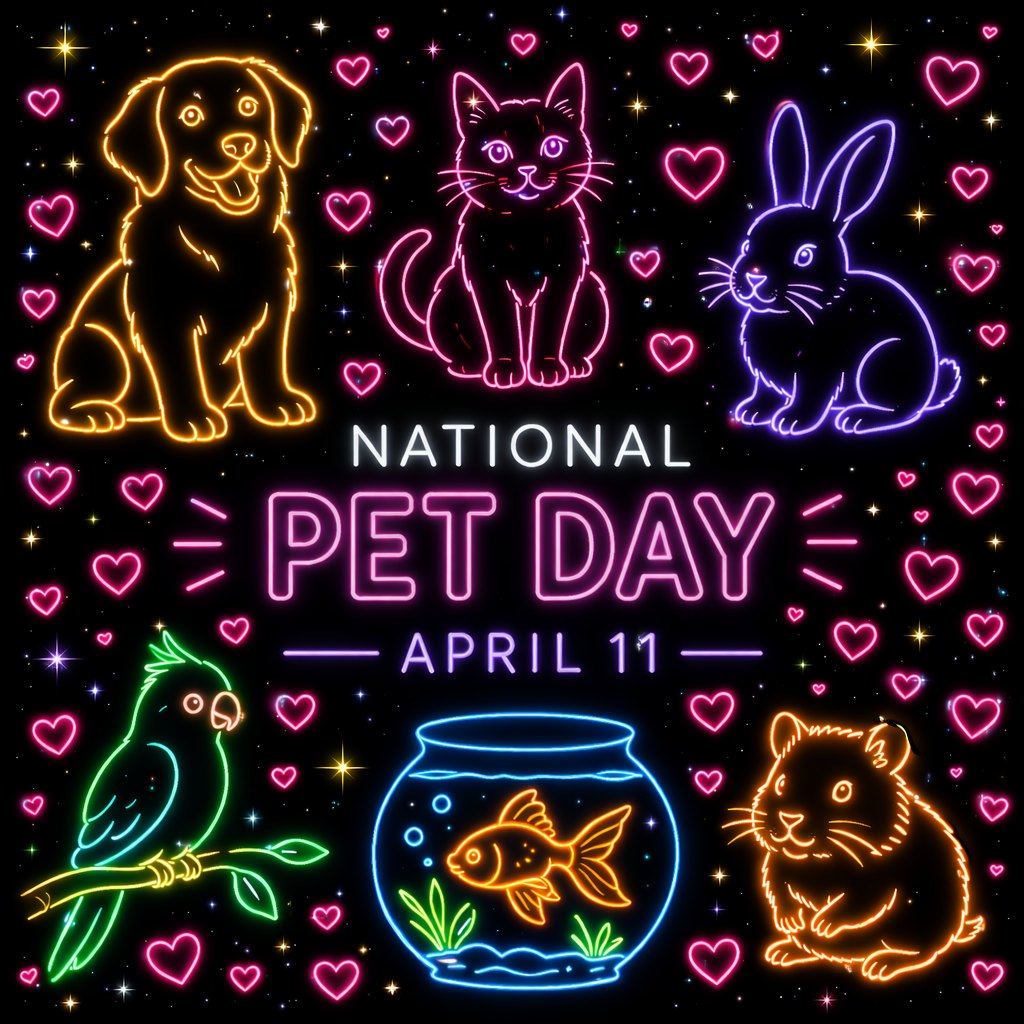 Neon pet animals and hearts with the text National Pet Day April 11 on a black background