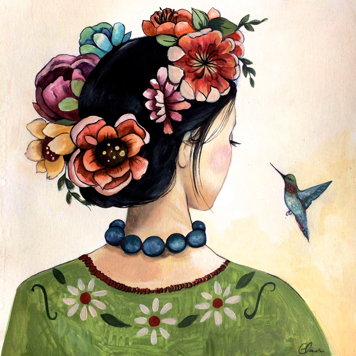 Illustration of a woman from behind with floral hair and a hummingbird facing her