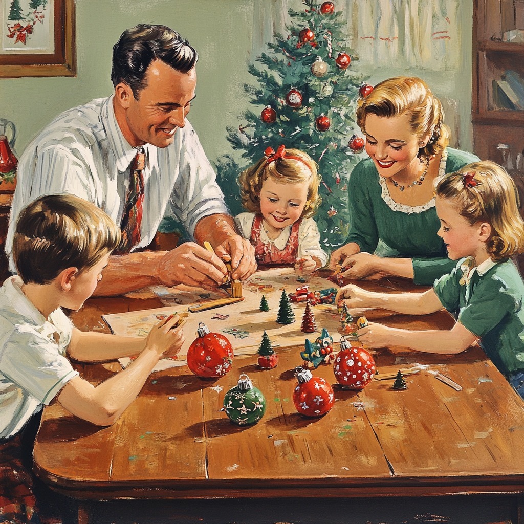 Vintage illustration of a family decorating Christmas ornaments together at a table with a tree behind them