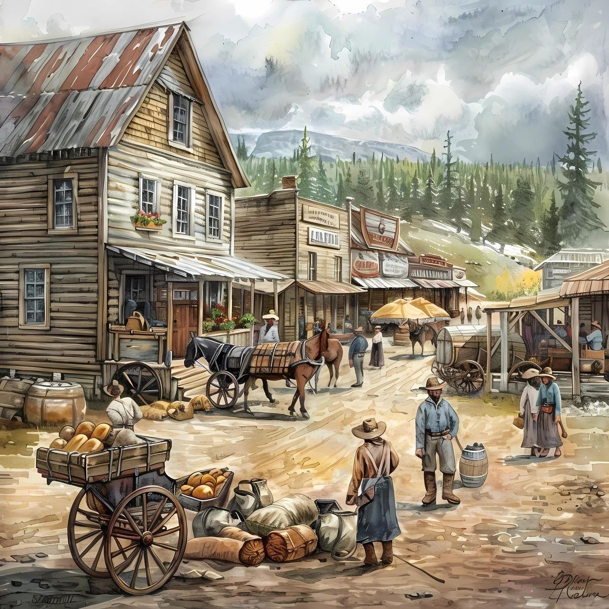 Watercolor painting of an old western town with wooden buildings, wagons, and people on a dirt street