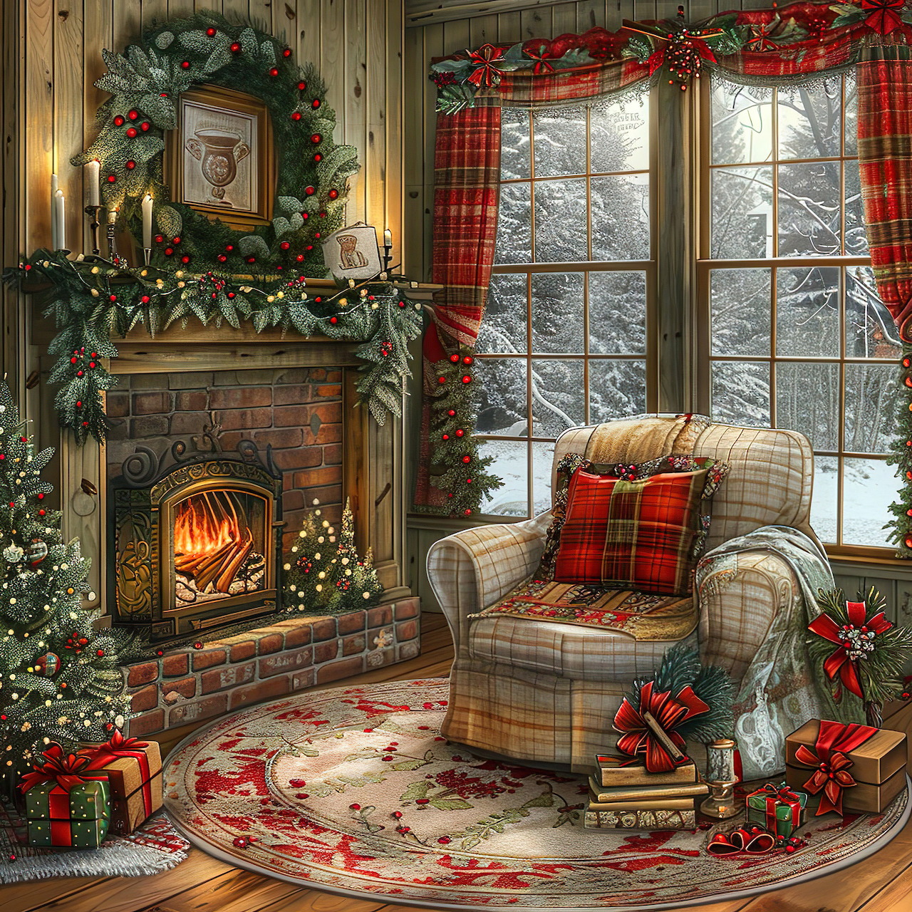 Cozy Christmas corner with fireplace, decorated armchair, wreath, garland, gifts, and snow-covered window