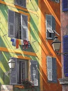 Painting of a sunlit Mediterranean building facade with colorful walls, blue shutters, and hanging laundry