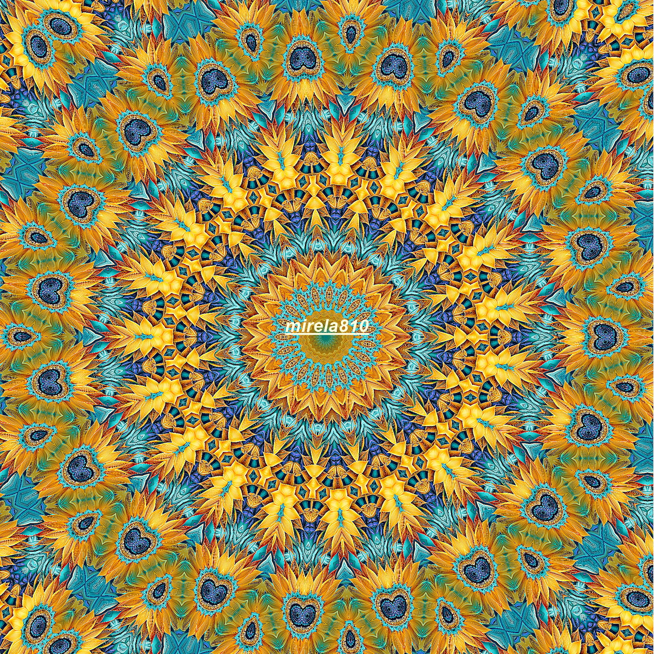 Circular mandala pattern with radiating sunflowers in yellow and blue on teal background