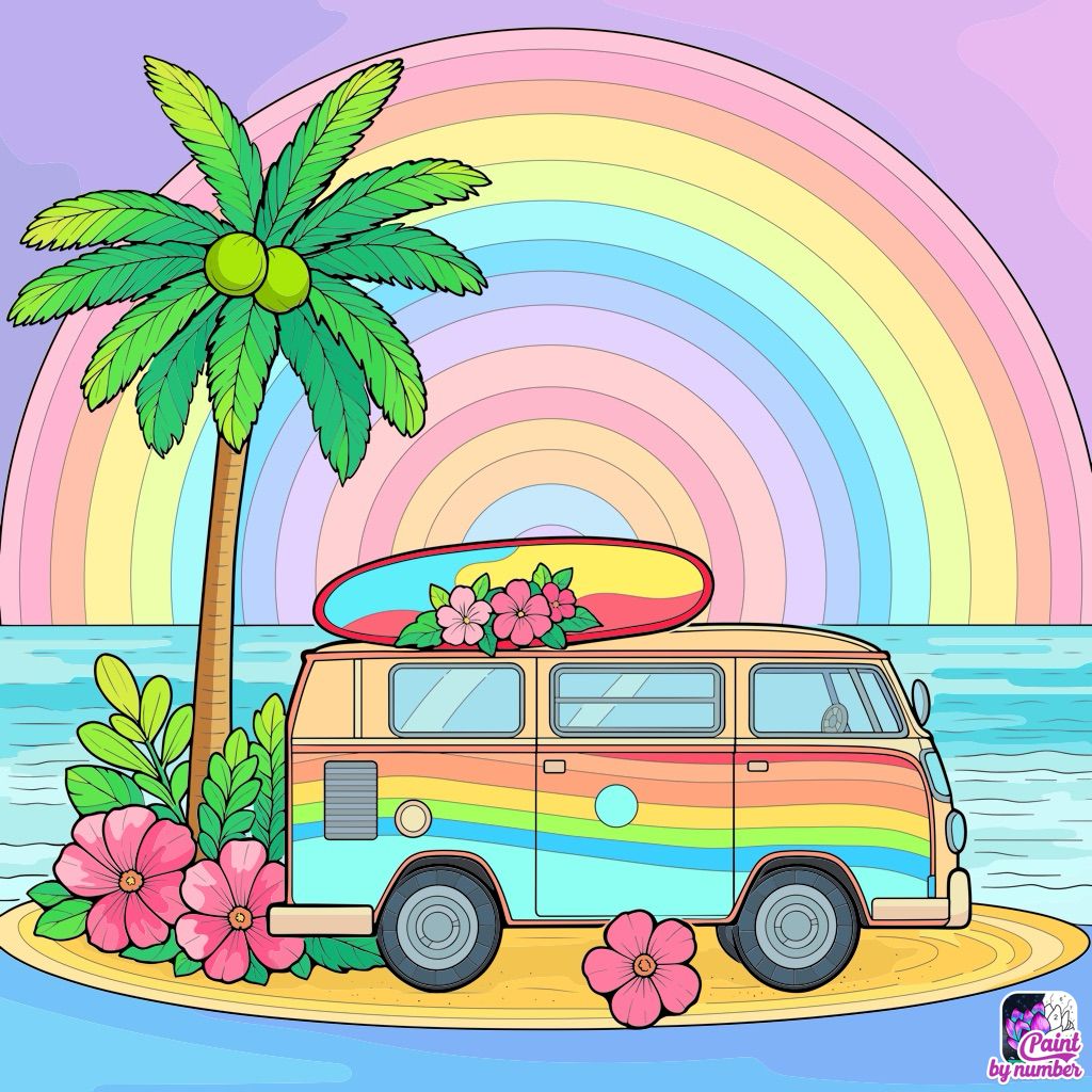 Retro van with surfboard on beach, palm tree and rainbow behind, tropical flowers, colorful illustration