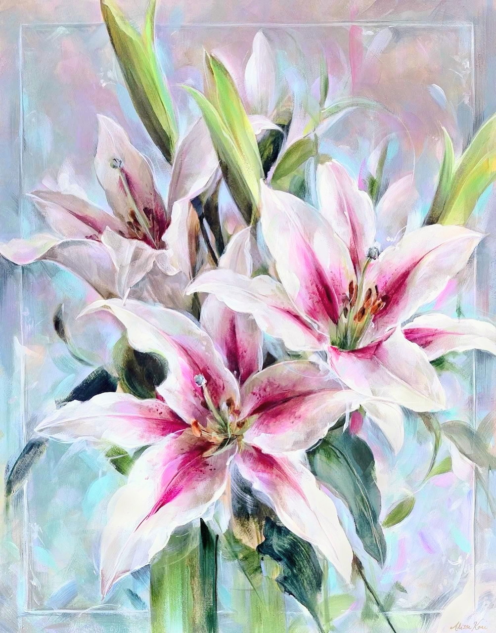 Pastel painting of pink and white lilies with green leaves against a soft blue abstract background