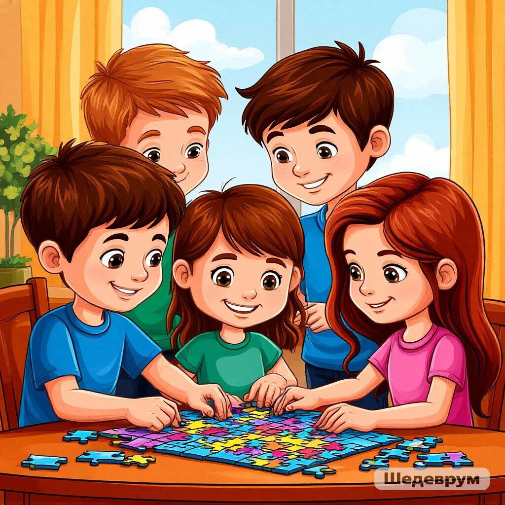 Cartoon of four children at a table putting together a colorful jigsaw puzzle