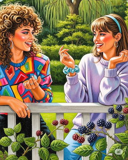 Illustration of two women laughing together by a white fence with blackberry bushes in a garden