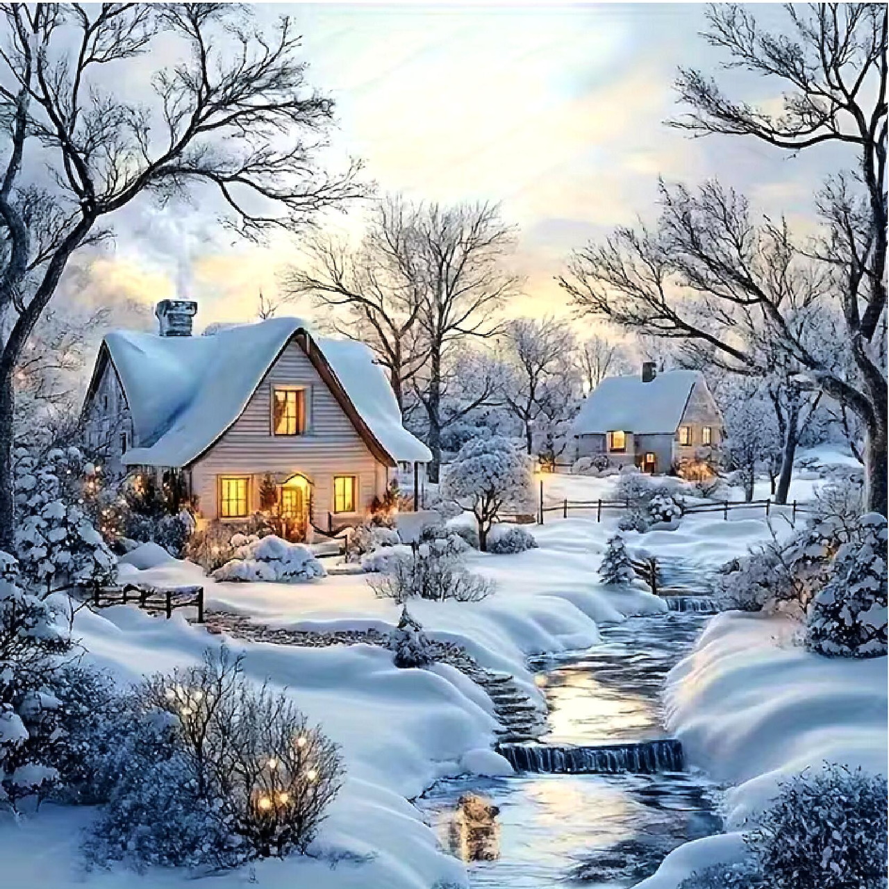 Snowy winter scene with two lit cottages, a stream, and bare trees