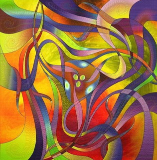 Colorful abstract quilt art with swirling curved shapes in vibrant rainbow hues