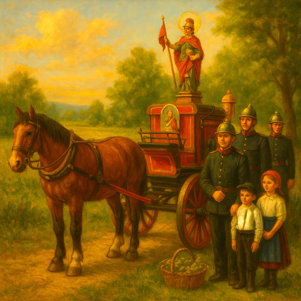 Painting of a horse and wagon with a saint statue, two men, and two children in a countryside setting