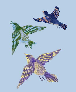 Illustration of three colorful birds flying on a light blue background