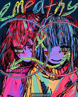 Colorful neon illustration of two anime girls with X-eye smiley faces and graffiti text reading empaths