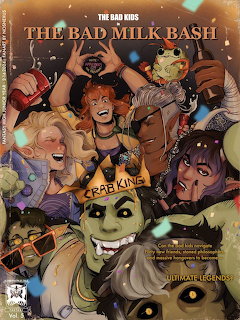 Illustrated fantasy adventure poster showing group of diverse characters with creatures in action scene