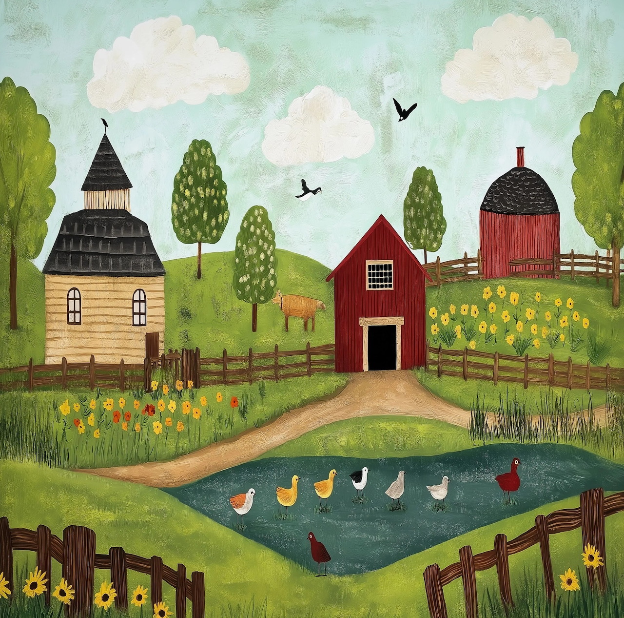 Folk art painting of a pastoral farm with barn, house, pond, ducks, and gardens