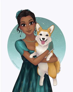 Illustrated young woman in a teal dress holding a smiling corgi dog