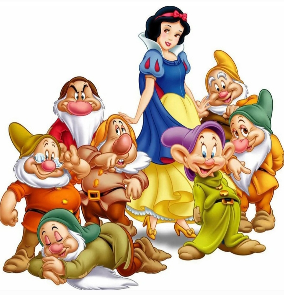 Disney Snow White standing with the seven dwarfs in a colorful cartoon group illustration