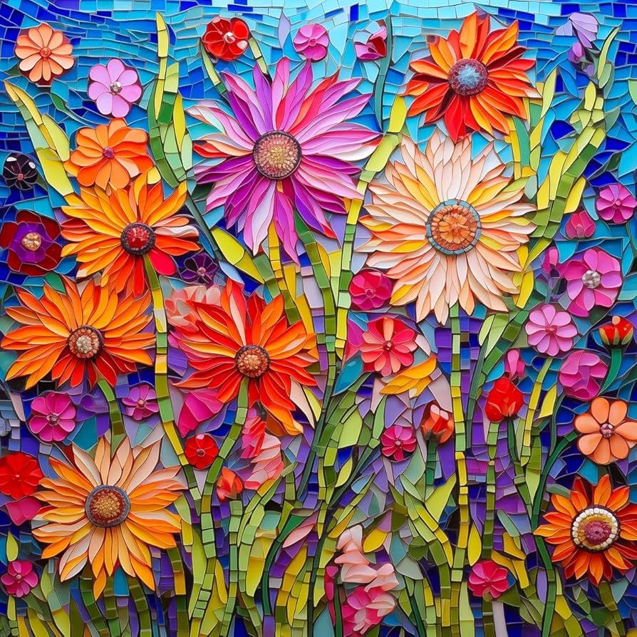 Colorful mosaic art depicting bright flowers in stained glass style with blue background