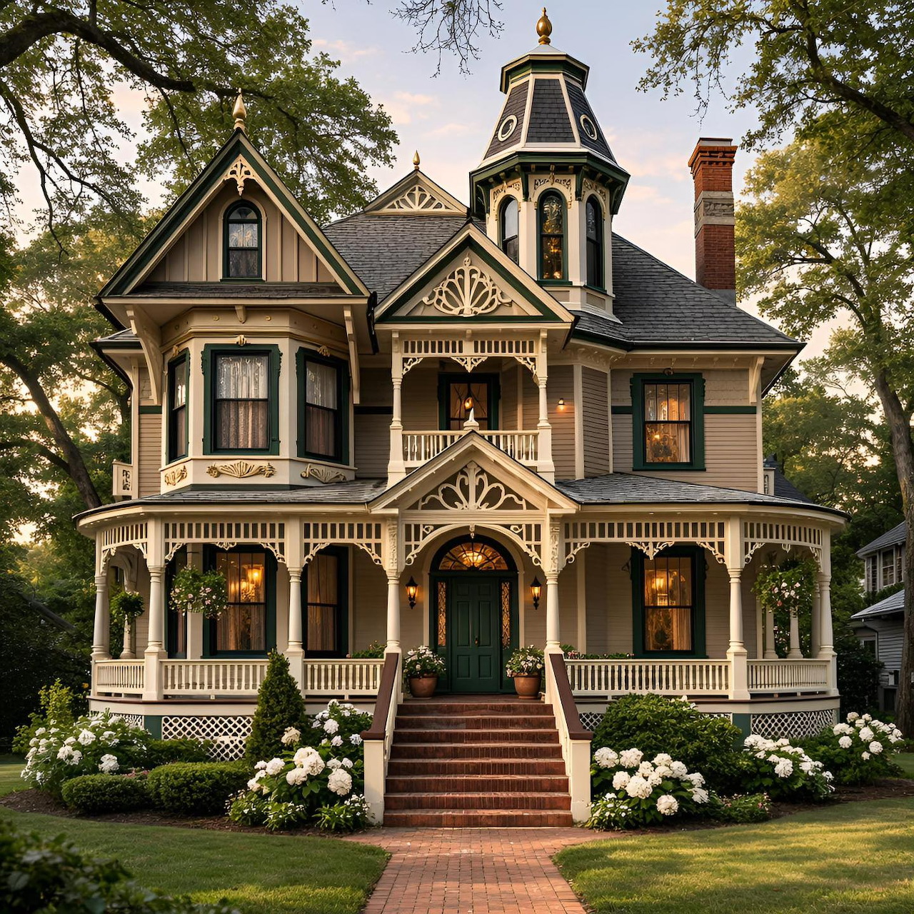 Victorian mansion with ornate woodwork, front porch, brick steps, and white hydrangeas
