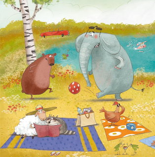 Cartoon animals having a picnic by a pond with birch tree, including elephant, bear, sheep and chicken on blanket