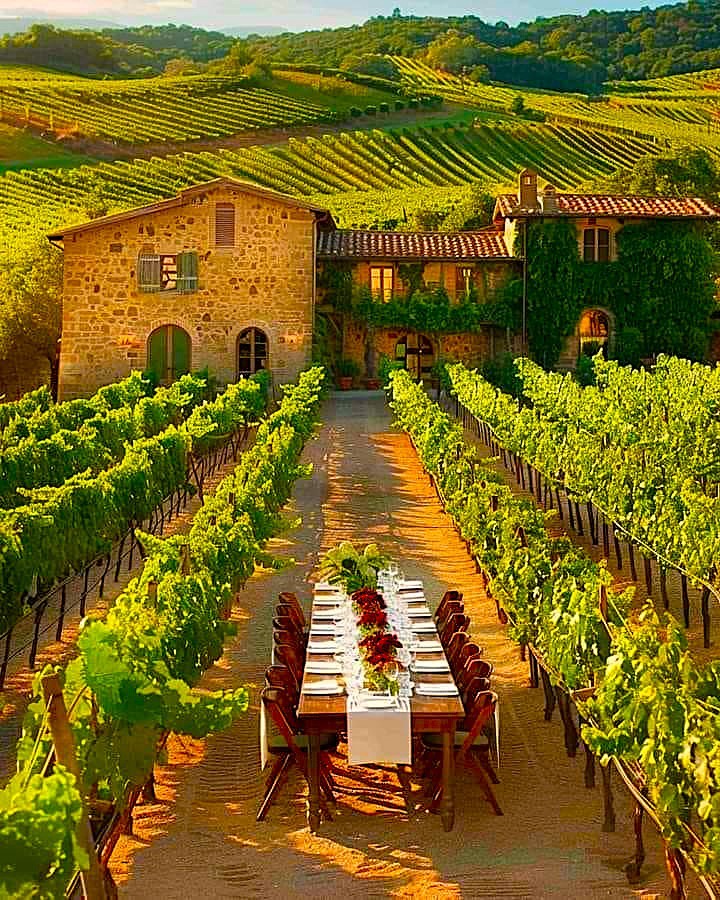 Rustic stone villa with outdoor dining table in vineyard rows, rolling hills beyond