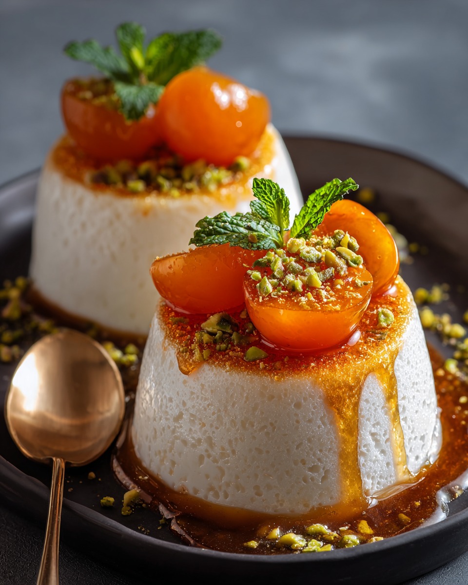 Two panna cotta desserts with apricots, mint, pistachios, and caramel on a dark plate