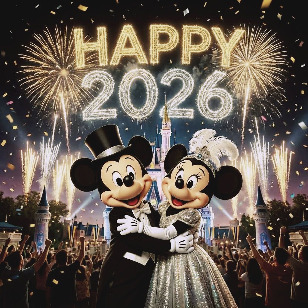 Mickey and Minnie Mouse dressed formally in front of a castle with fireworks and Happy 2026 above