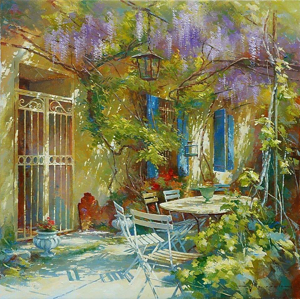 Impressionist painting of sunny courtyard with purple wisteria flowers and turquoise shutters