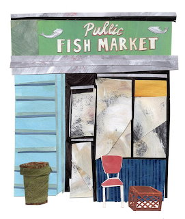 Illustrated storefront of a public fish market with turquoise door and outdoor furniture